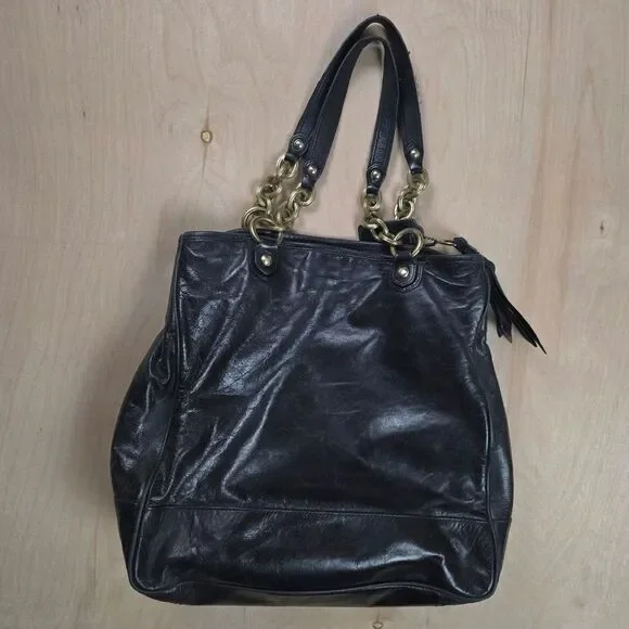 Coach Poppy Camellia Pushlock Leather Tote Glossy Black Leather #1 - Picture 6 of 14
